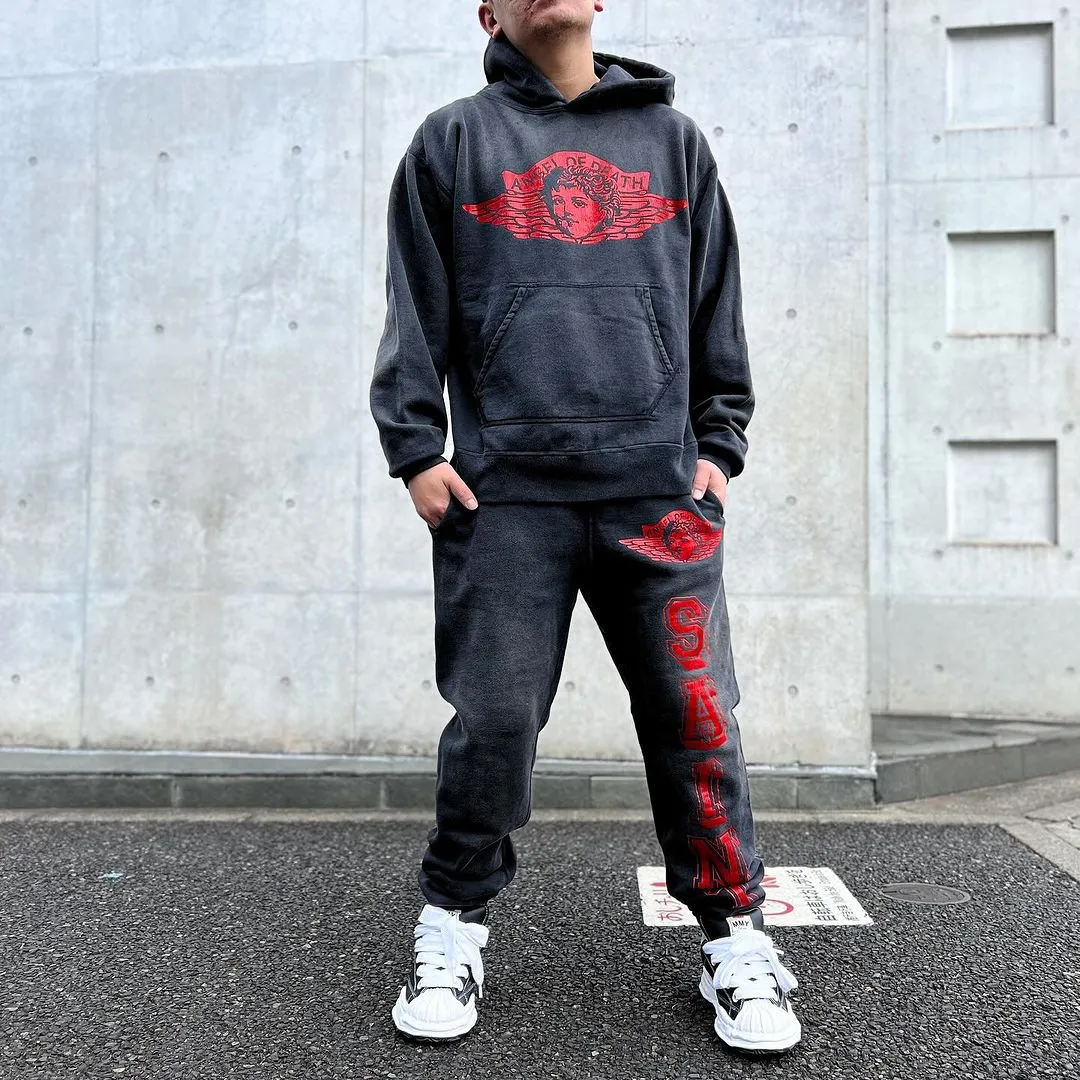 SAINT Mxxxxxx ANGEL SWEAT PANTS/BLK Angel Reborn Crack Print Distressed Sweatpants, Washed Black S-XL Assute Dyeing, Full Spray Fade, Heavy Fermentation Washing, Made with NEW VINTAGE Texture, Four Needles and Six Threads from the Factory, Boneless Patchwork, More Comfortable to Wear, Genuine Level Crack Print/Accessories Restored